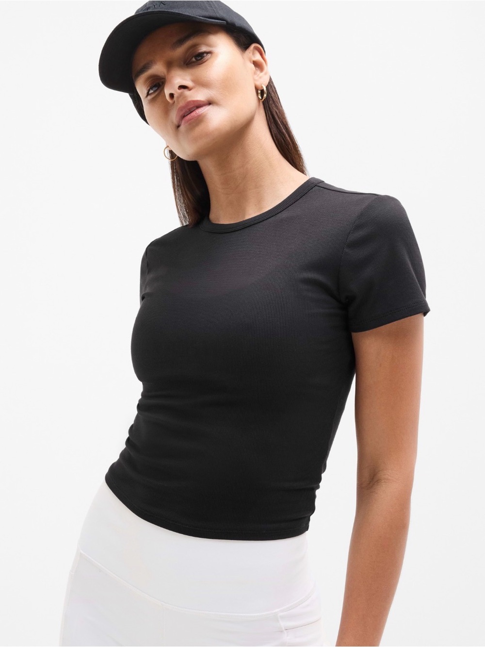 ATHLETA Signature Ribbed Fitted Black Tee Modal Spandex Stretch Large Top